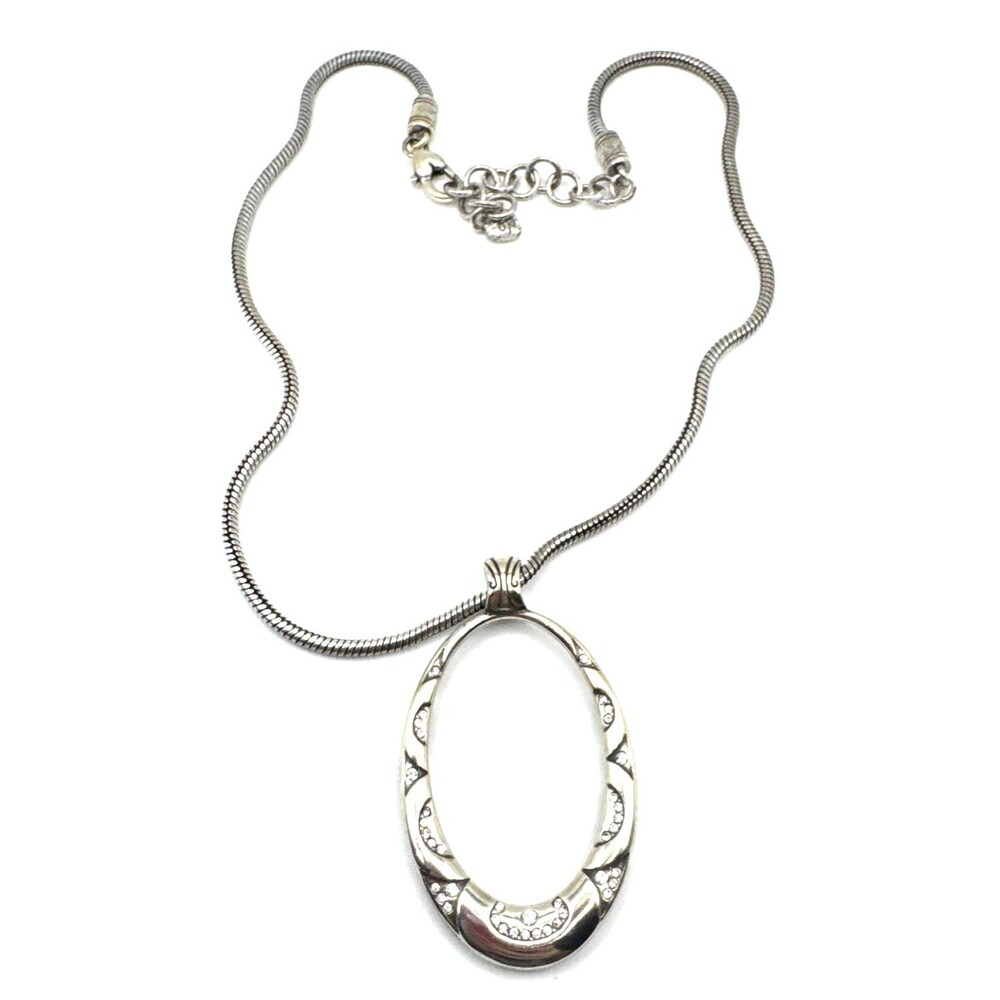 Brighton Swinging Sixties Crystals Cutout Etched Oval Silver Necklace 18"